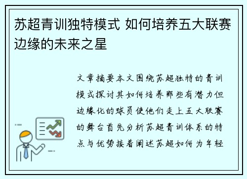 苏超青训独特模式 如何培养五大联赛边缘的未来之星