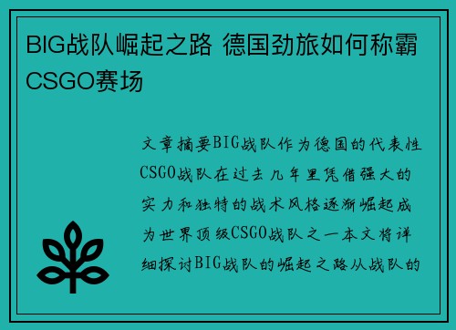 BIG战队崛起之路 德国劲旅如何称霸CSGO赛场